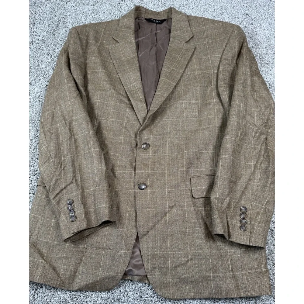 Jos A Bank Mens Blazer Jacket Silk Wool Linen Windowpane Plaid Beige Tan 42R‎